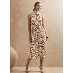 NWT Banana Republic Twist Neck Keyhole Satin Tie Waist Spotted Midi Dress PS SP